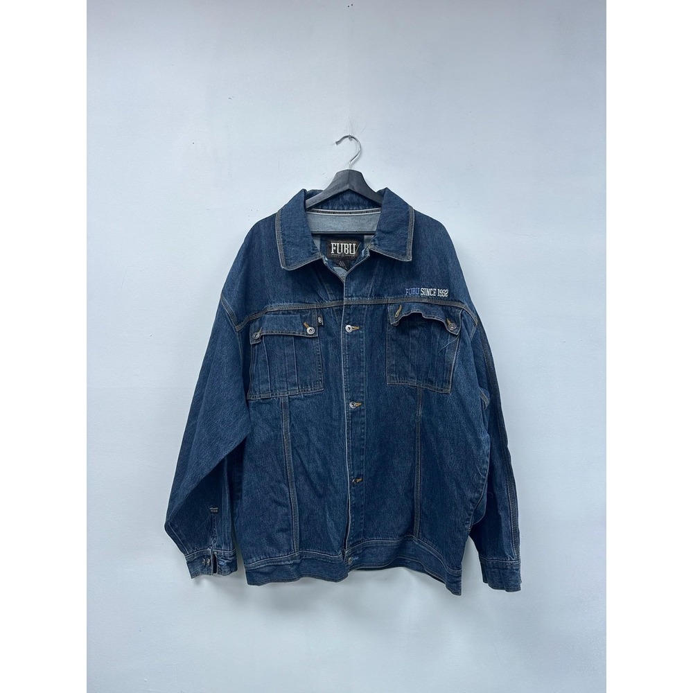 FUBU Jacket Mens 3XL Blue Denim Trucker Button Front Embroidered Logo Streetwear